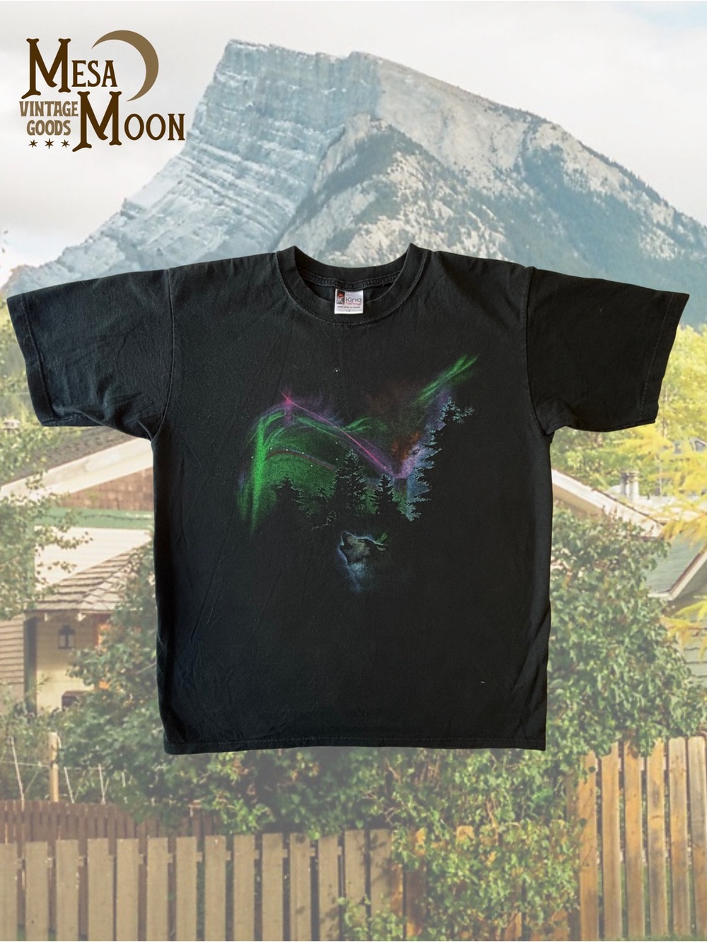 Vintage Wolf Graphic Tee with Neon Aurora Design
